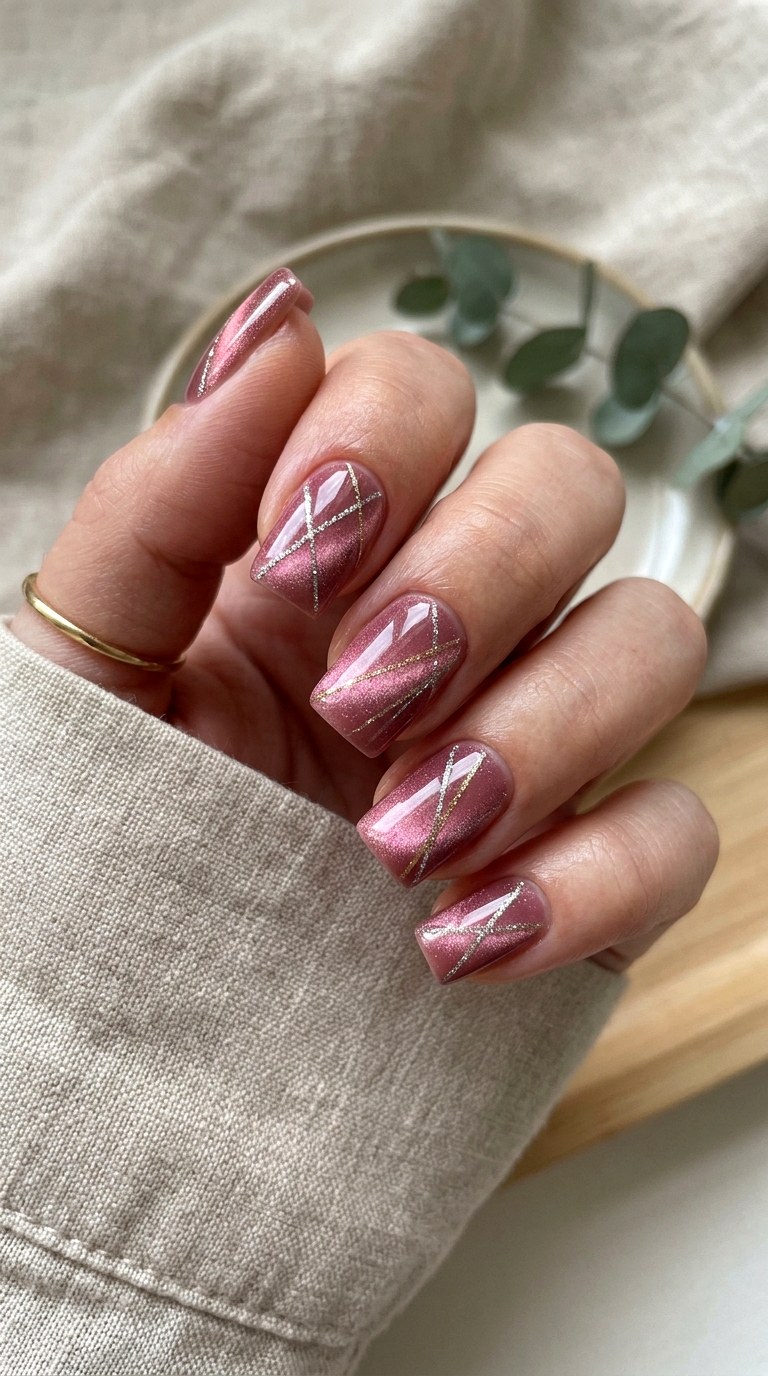 Blush Cat Eye with Diagonal Glitter Lines - 21 Summer Blush Cat Eye Nails with Glitter Ideas