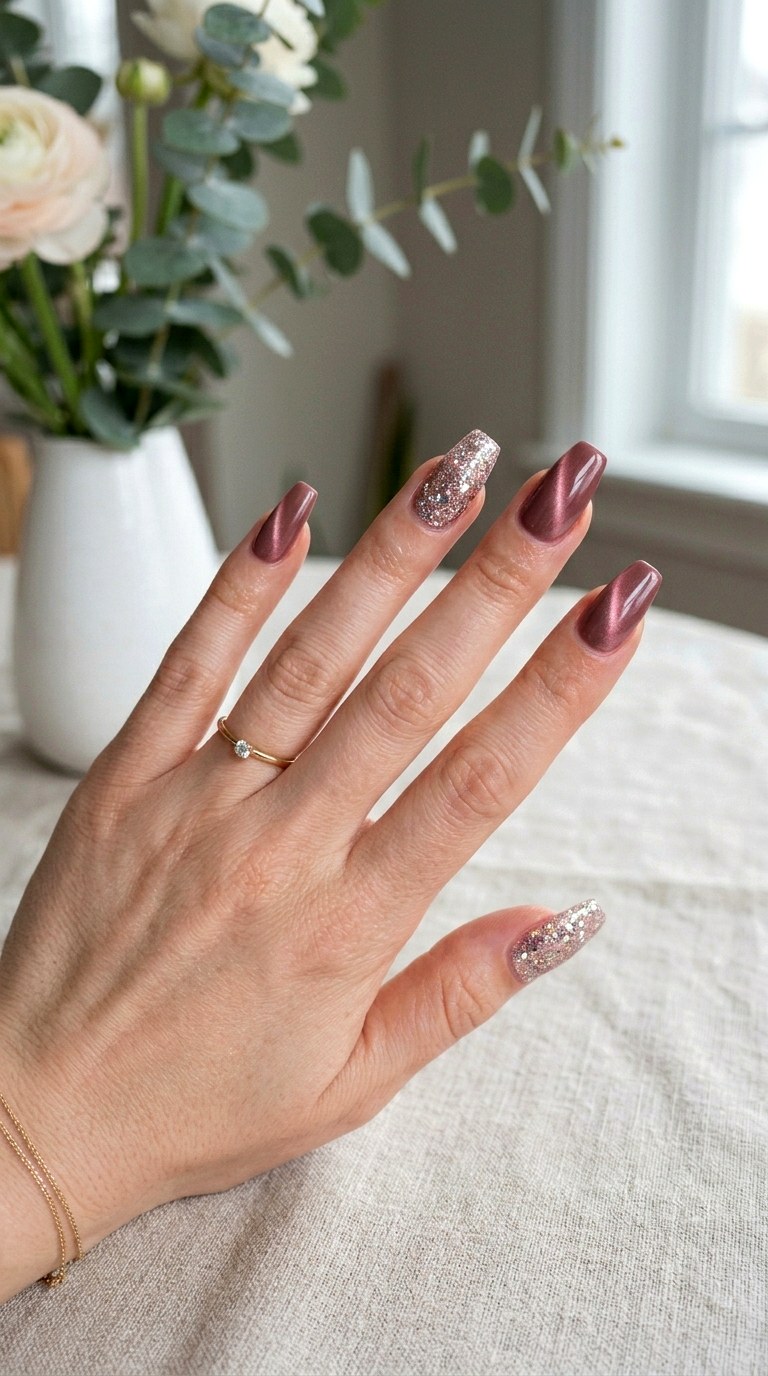 Blush Cat Eye with Glitter Accent Nails - 20 Spring Blush Cat Eye Nails with Glitter Ideas