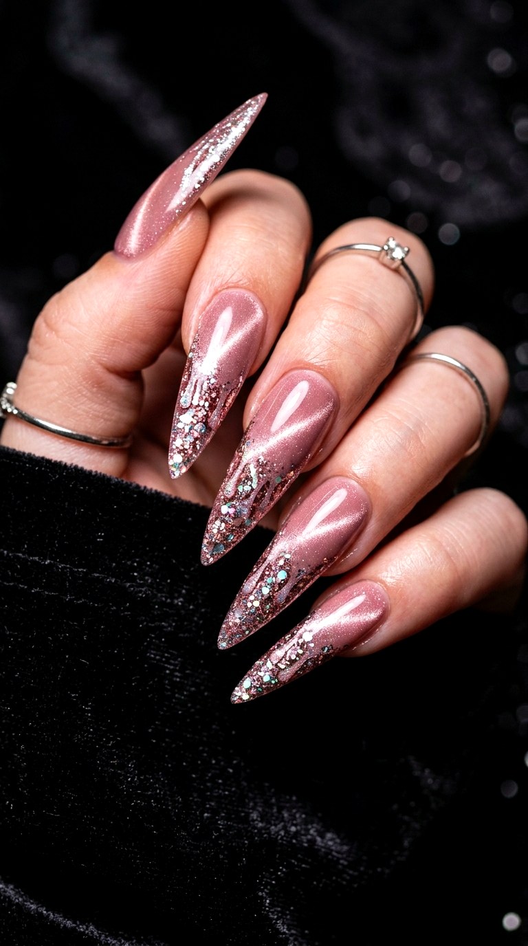 Blush Cat Eye with Glitter Drip Effect - 20 Spring Blush Cat Eye Nails with Glitter Ideas