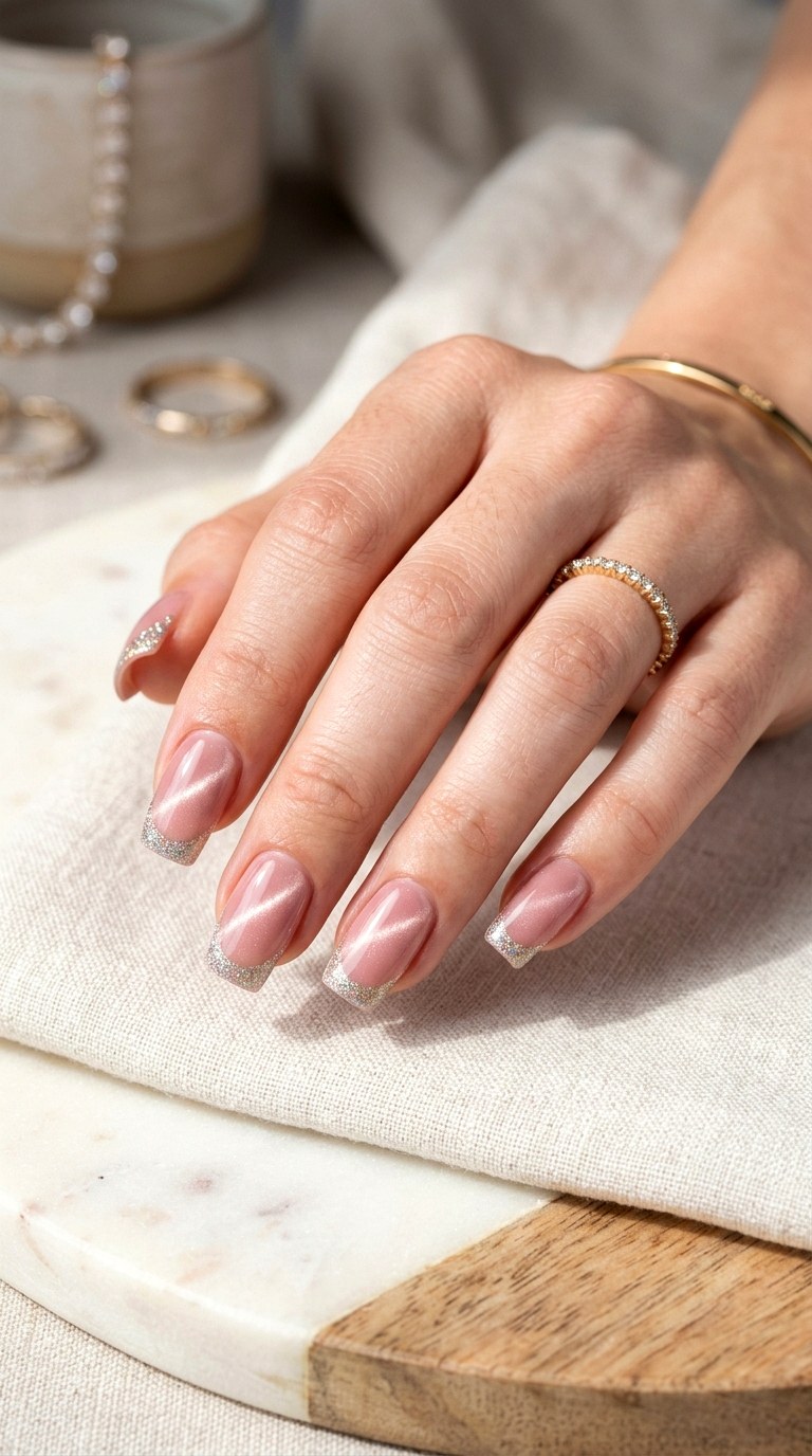 Blush Cat Eye with Glitter French Tips - 20 Spring Blush Cat Eye Nails with Glitter Ideas
