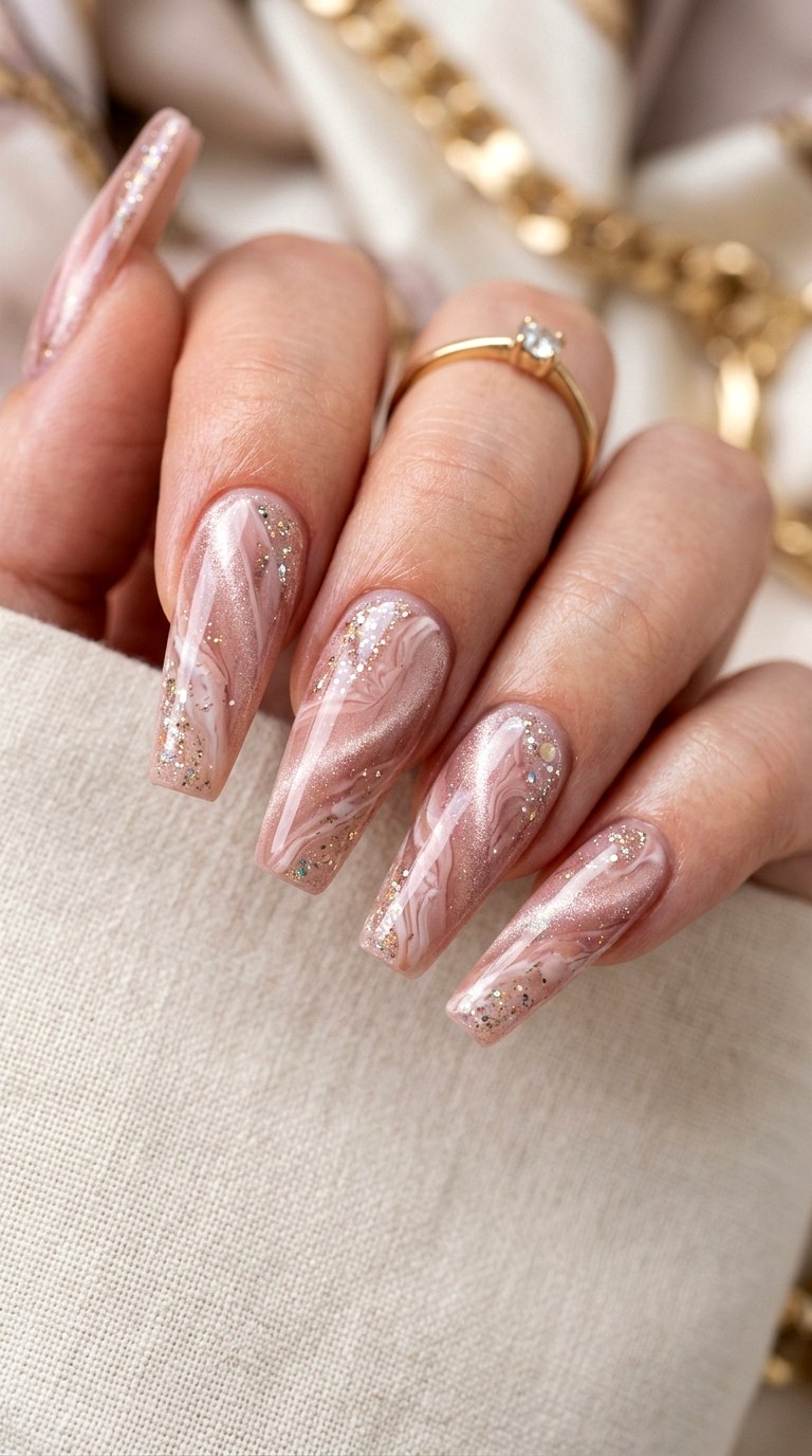 Blush Cat Eye with Glitter Marble Effect - 20 Spring Blush Cat Eye Nails with Glitter Ideas