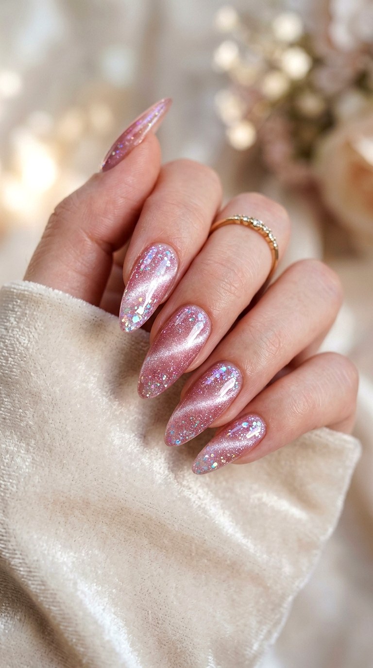 Blush Cat Eye with Iridescent Glitter Overlay - 20 Spring Blush Cat Eye Nails with Glitter Ideas