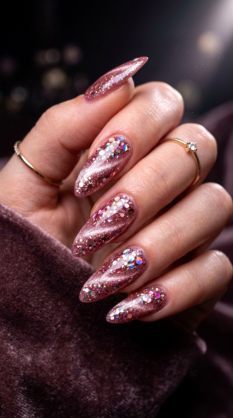 Blush Cat Eye with Mixed Glitter Textures - 21 Summer Blush Cat Eye Nails with Glitter Ideas