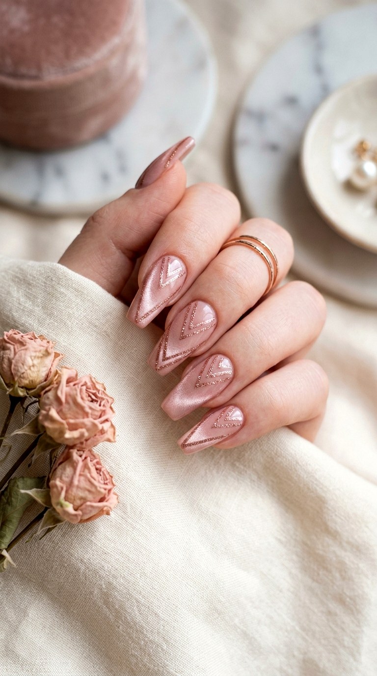 Blush Cat Eye with Rose Gold Glitter Lines - 20 Spring Blush Cat Eye Nails with Glitter Ideas