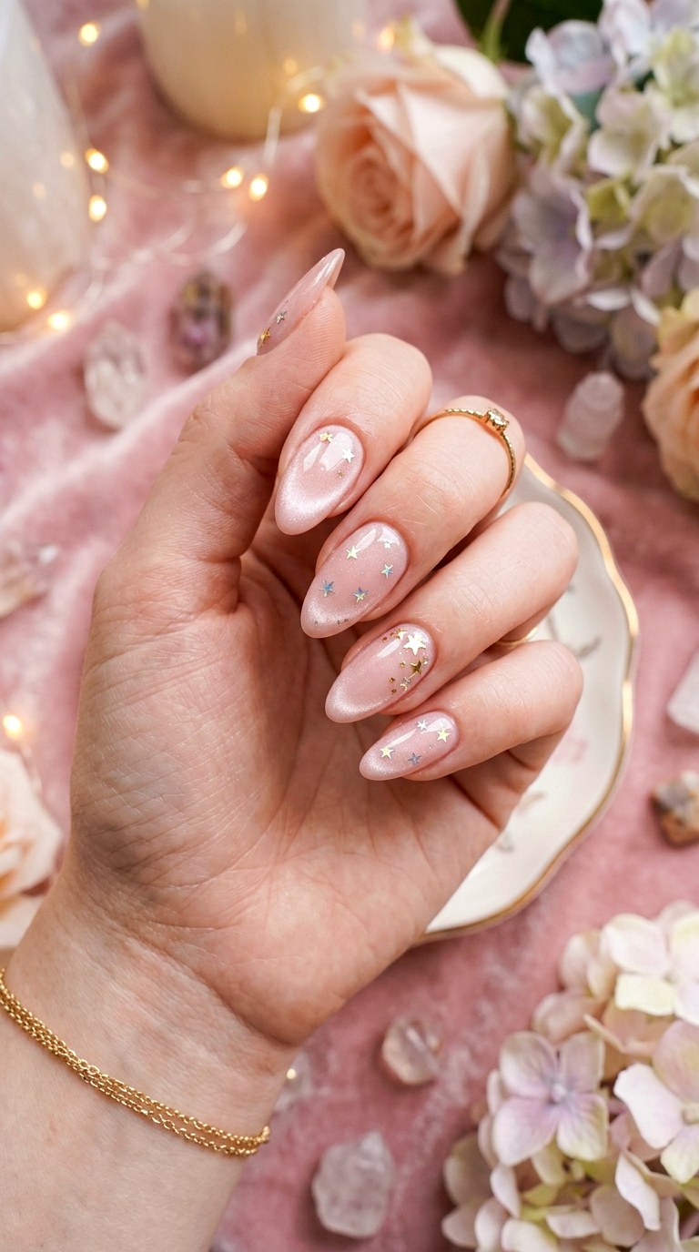 Blush Cat Eye with Star Glitter Accents - 20 Spring Blush Cat Eye Nails with Glitter Ideas