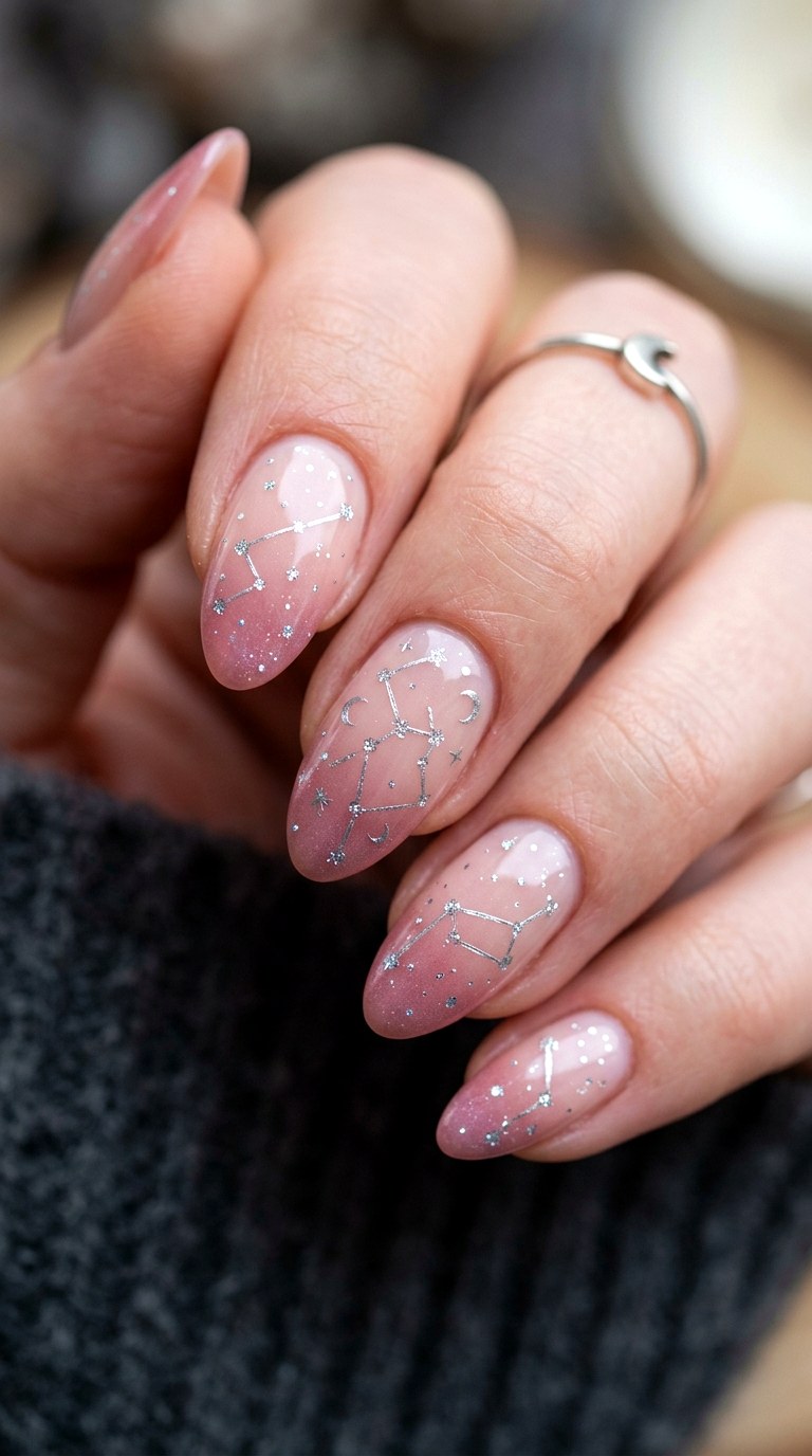Blush Fade with Fine Line Constellation - 29 Fine-Line Spring Acrylic Nails