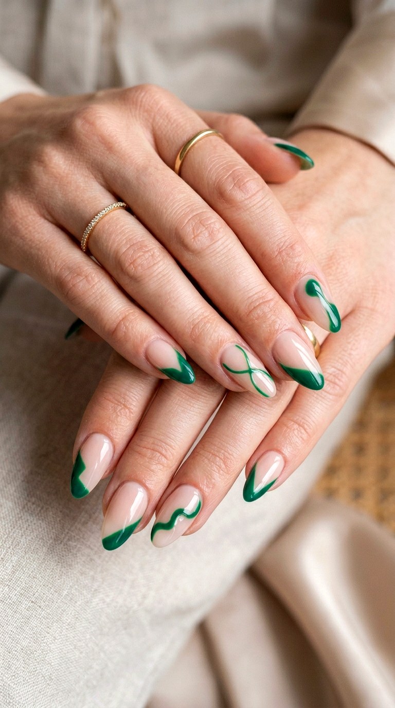 Blush Nude and Emerald Green Tips - 27 Chic Spring Two Colored Nails