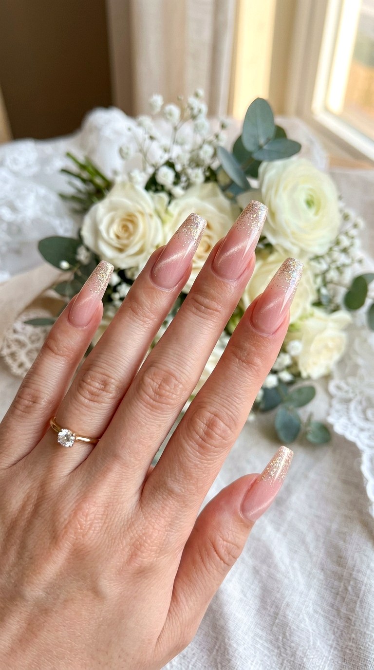 Blush Ombre with Glitter Fade - 21 Summer Blush Cat Eye Nails with Glitter Ideas
