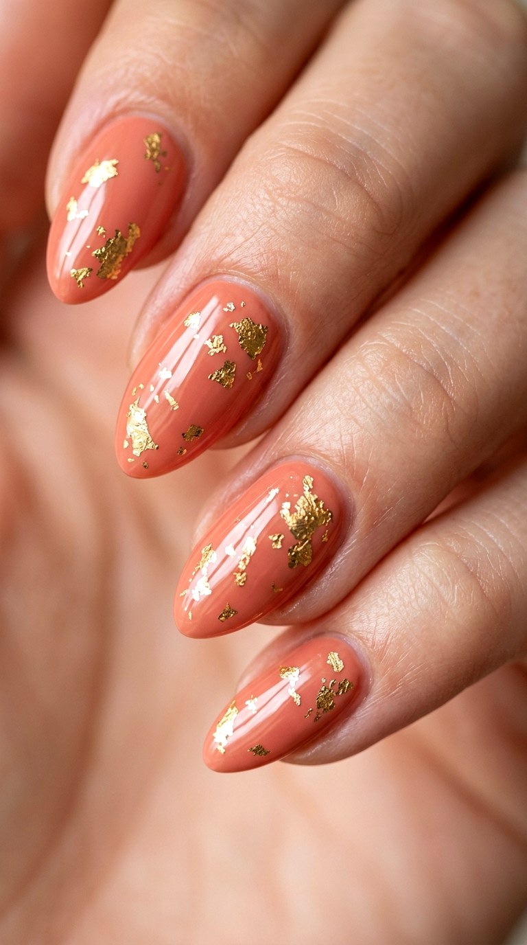 Blush Peach and Gold Leaf Luxury - 29 Fun Spring Multicolor Nails