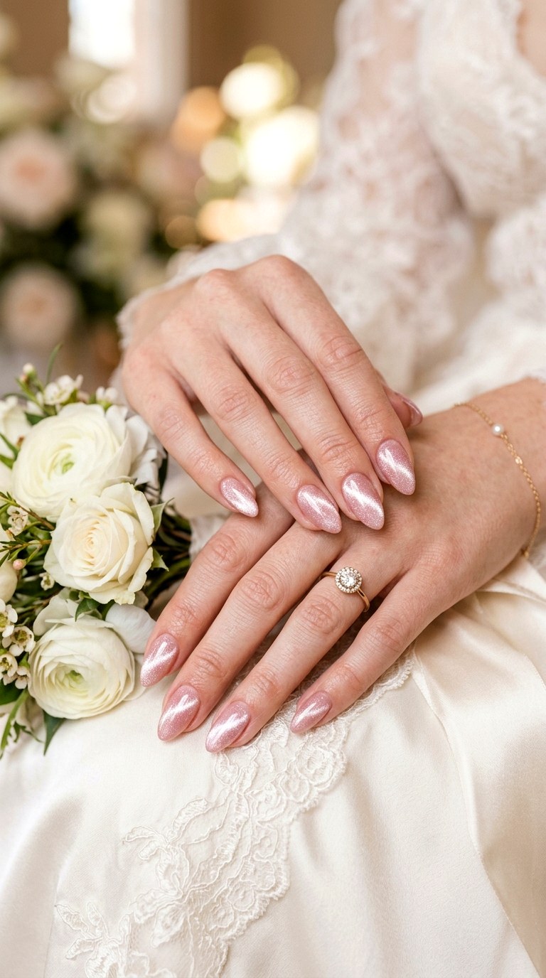 Blush Pink Cat Eye with Crystal Shimmer Line - 22 Summer Pink Cat Eye Nails with Shimmer Line Ideas
