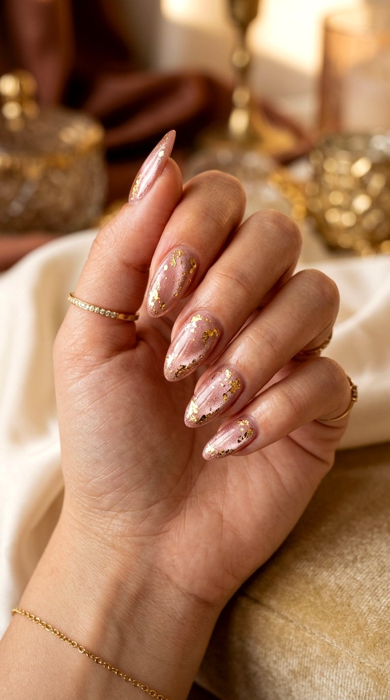 Blush Pink Cat Eye with Gold Foil Glitter - 20 Spring Blush Cat Eye Nails with Glitter Ideas