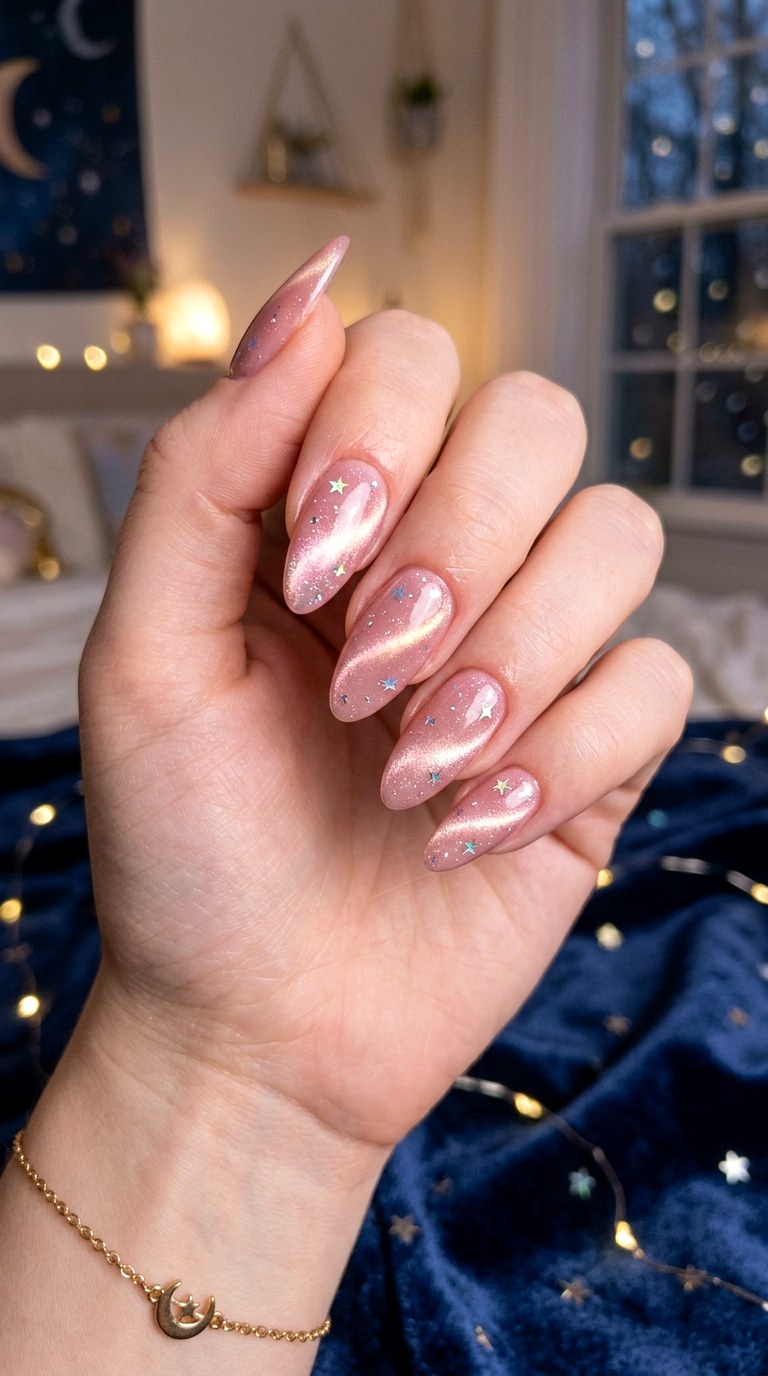 Blush Pink Cat Eye with Star Glitter Accents - 21 Summer Blush Cat Eye Nails with Glitter Ideas