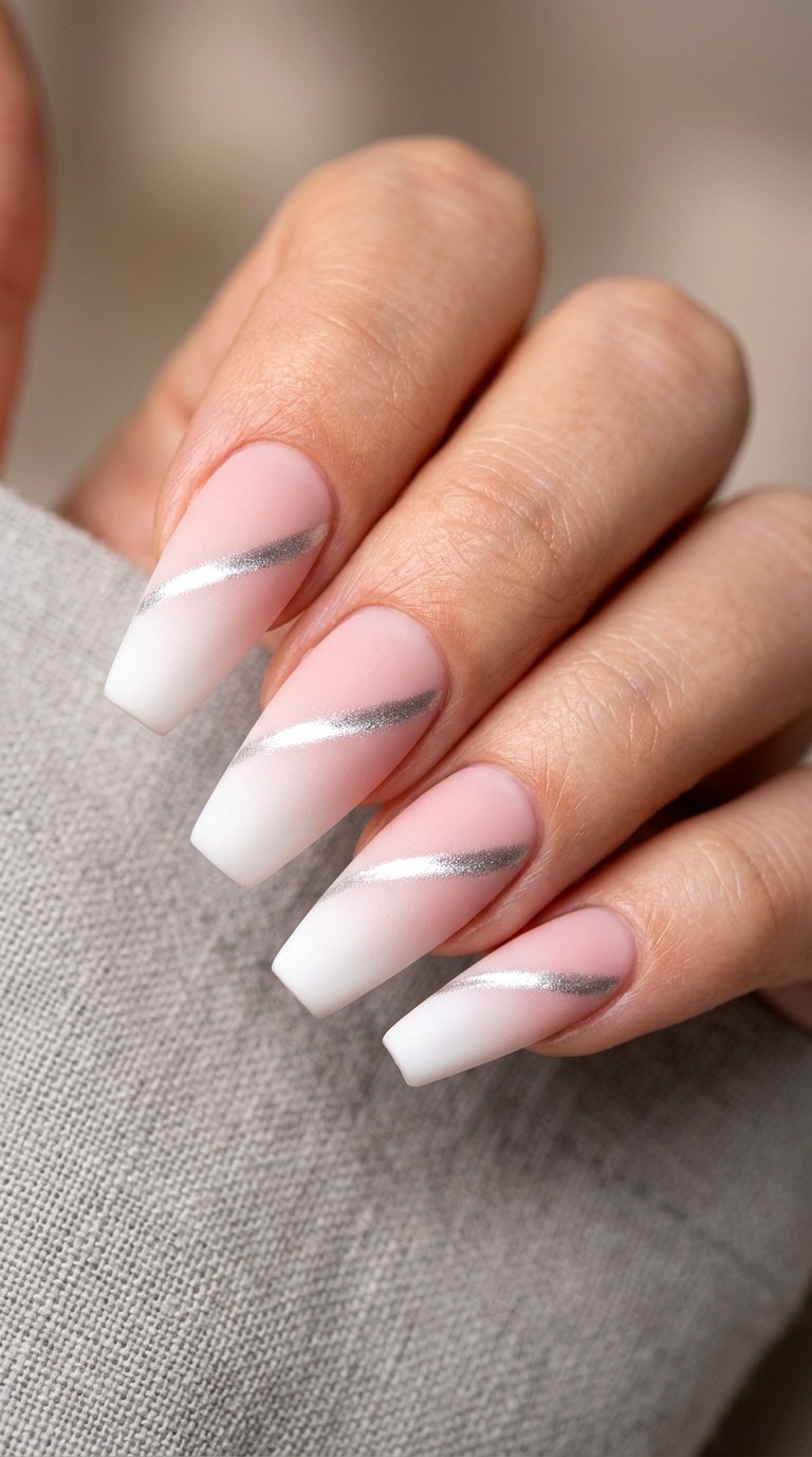 Blush Pink Ombre with Silver Cat Eye Line - 20 Spring Pink and White Gradient Cat Eye Nails Ideas