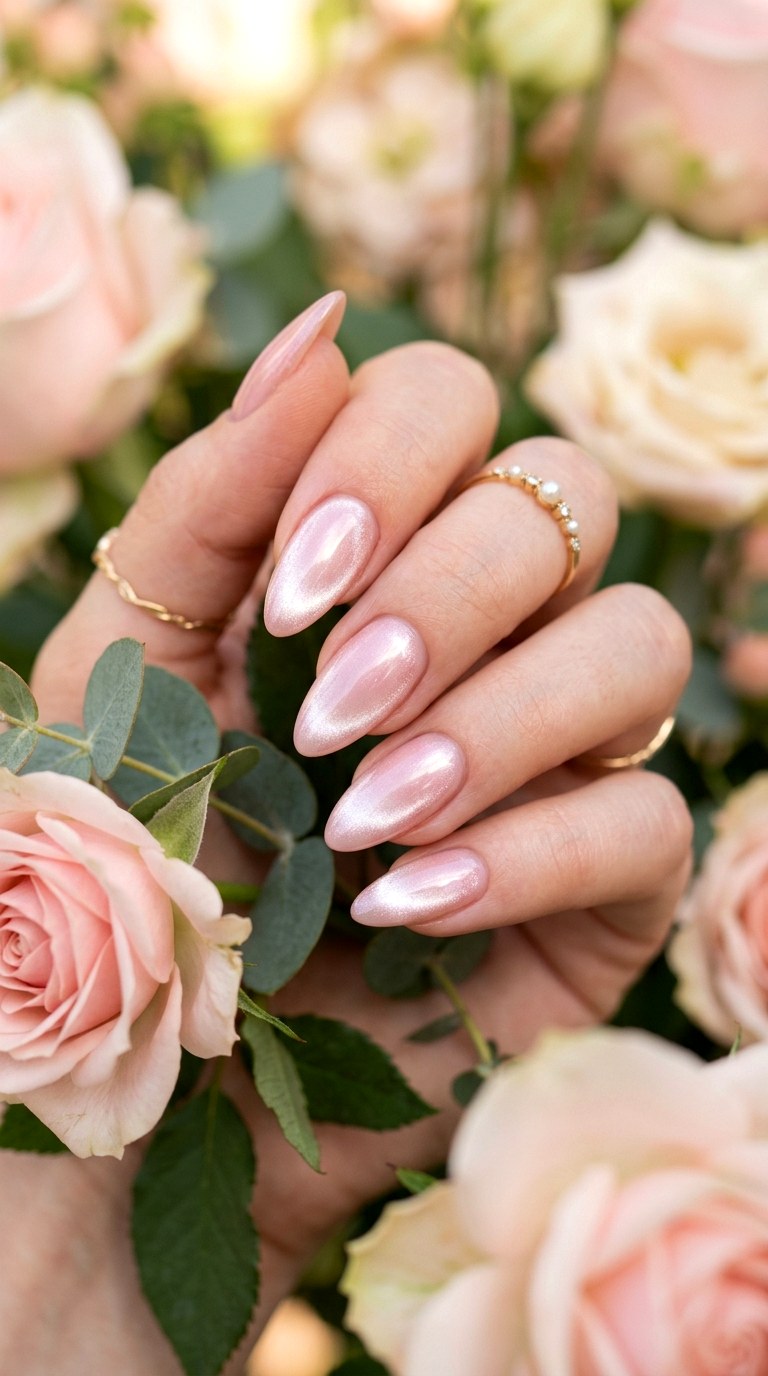 Blush Pink and Pearl Magnetic Shine - 20 Spring Dual-Tone Magnetic Cat Eye Nails Ideas