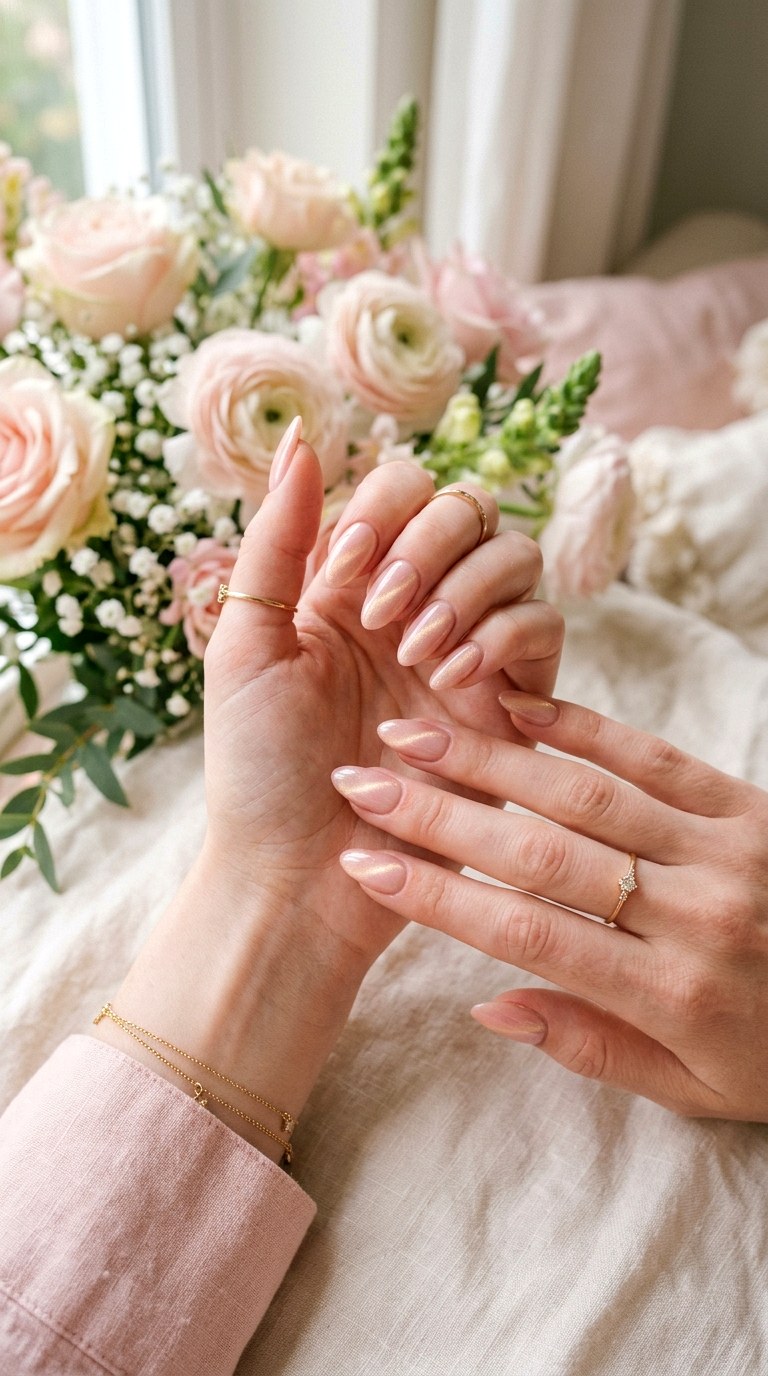 Blush Pink and Soft Gold Cat Eye - 20 Spring Soft Gold Cat Eye Nails Ideas