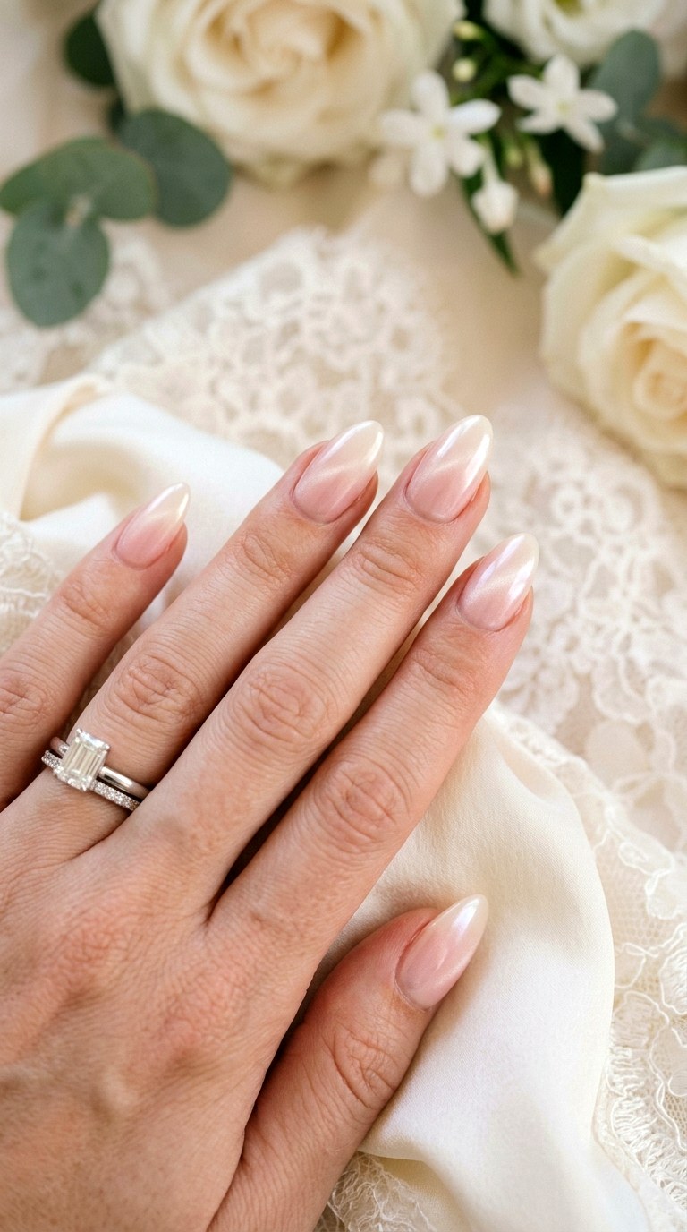 Blush Pink to Ivory Pearl Cat Eye Ombre Nails - 24 Summer Ombre Pastel Cat Eye Nails Ideas