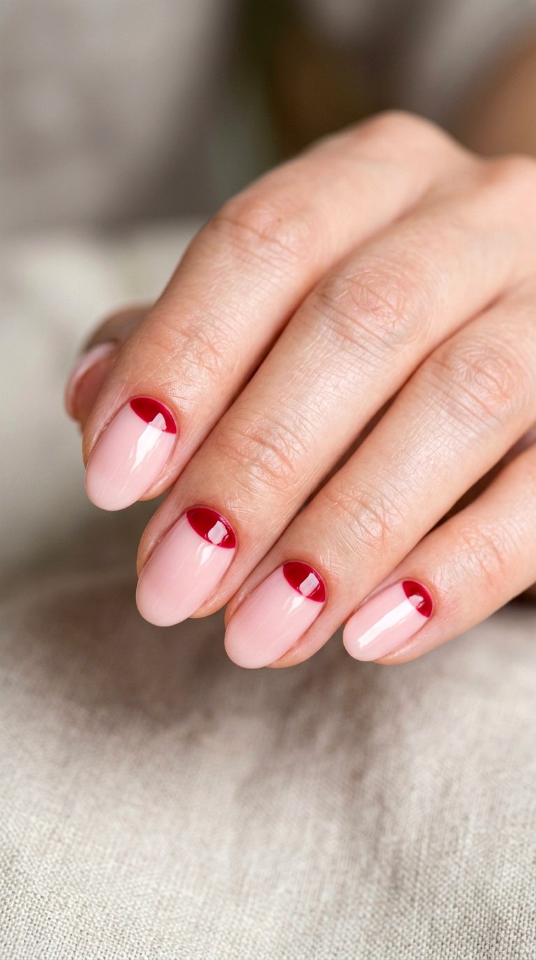 Blush Pink with Crimson Half Moons - 25 Simple Spring Two Colored Nails
