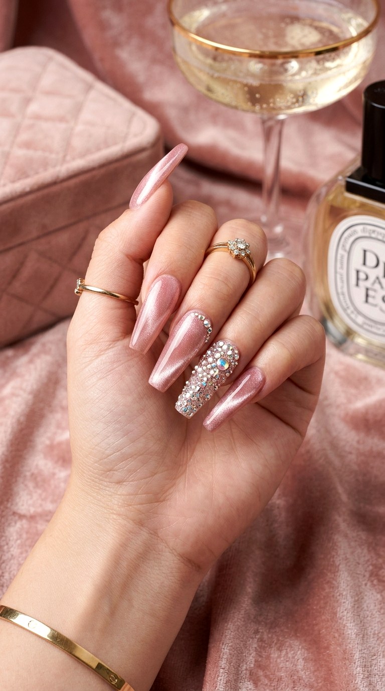 Blush Pink with Crystal Glitter Embellishments - 21 Summer Blush Cat Eye Nails with Glitter Ideas