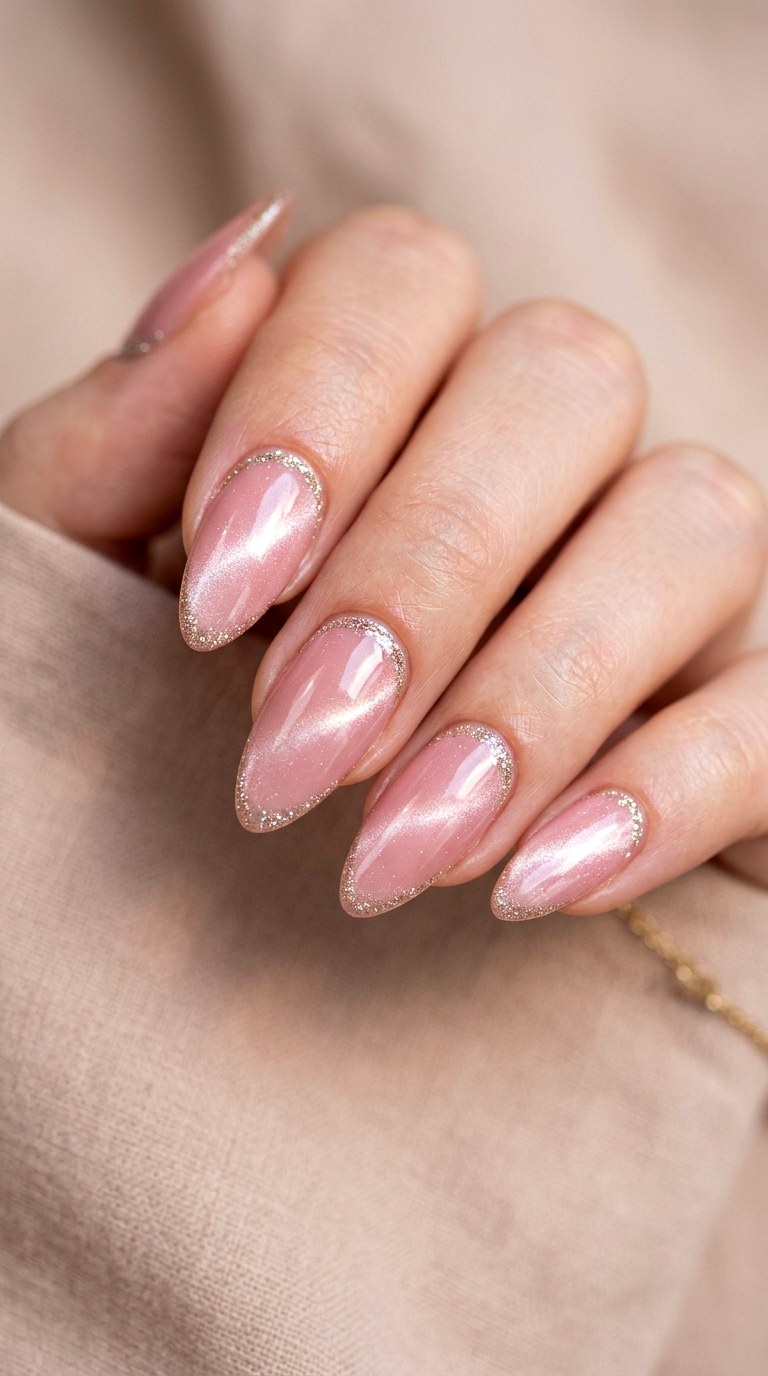 Blush Pink with Glitter Cuticle Highlight - 21 Summer Blush Cat Eye Nails with Glitter Ideas