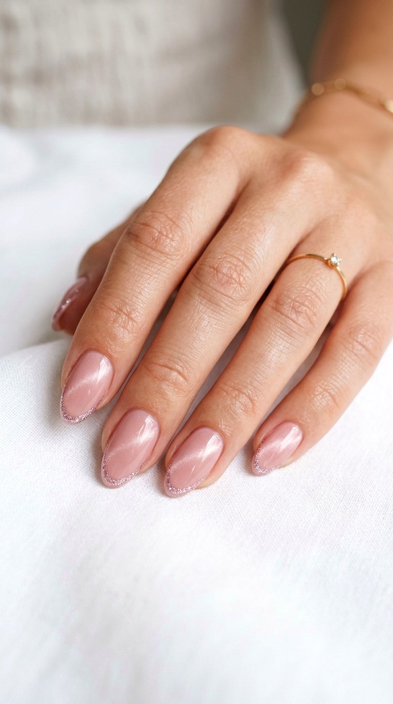 Blush Pink with Glitter French Outline - 21 Summer Blush Cat Eye Nails with Glitter Ideas