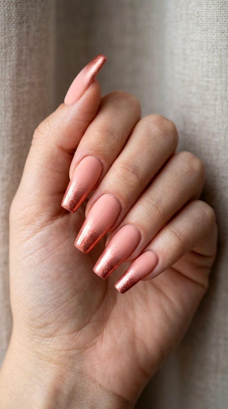 Blushing Peach with Copper Shimmer Tips - 28 Seamless Spring Ombre Nails