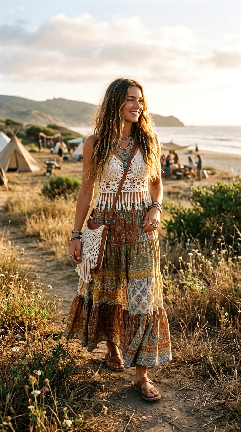 Boho Maxi Skirt with Crochet Top - 24 Beautiful Spring Outfit Inspirations 2026 for a Fresh New Look