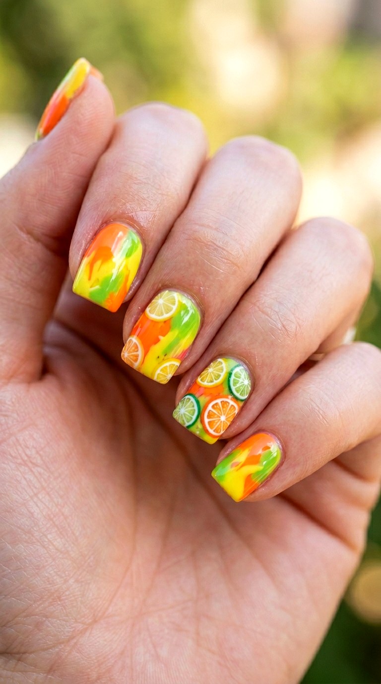 Bold Citrus Splash on Short Square Tips - 29 Festive Spring Multicolor Acrylic Nails