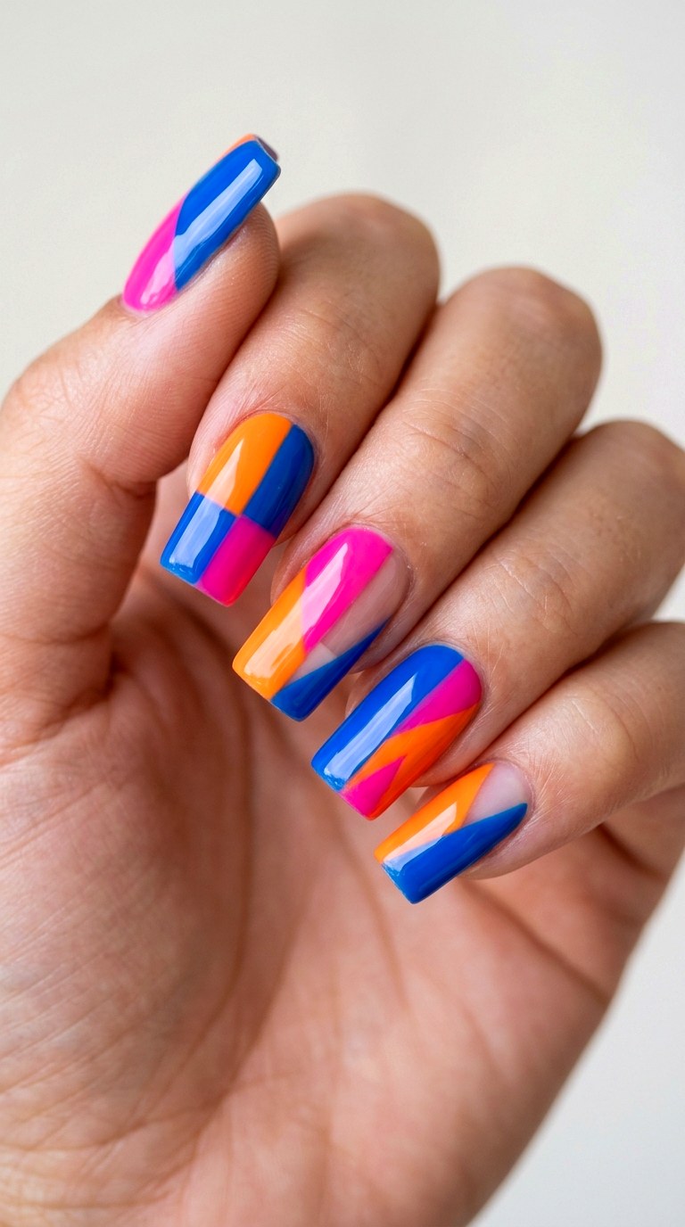 Bold Color Blocking on Square Acrylics - 26 Early Spring Multicolor Acrylic Nails