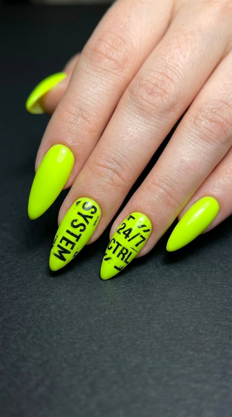 Bold Neon Lime Typography - 30 High-Fashion Spring Stiletto Nails