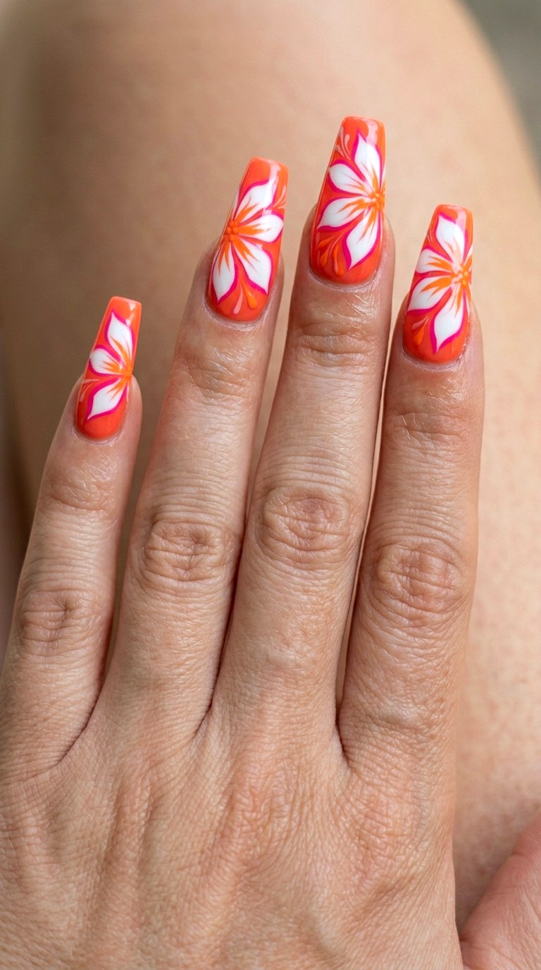 Bold Orange Blossom Coffin Nails - 26 Floral Spring Acrylic Nails