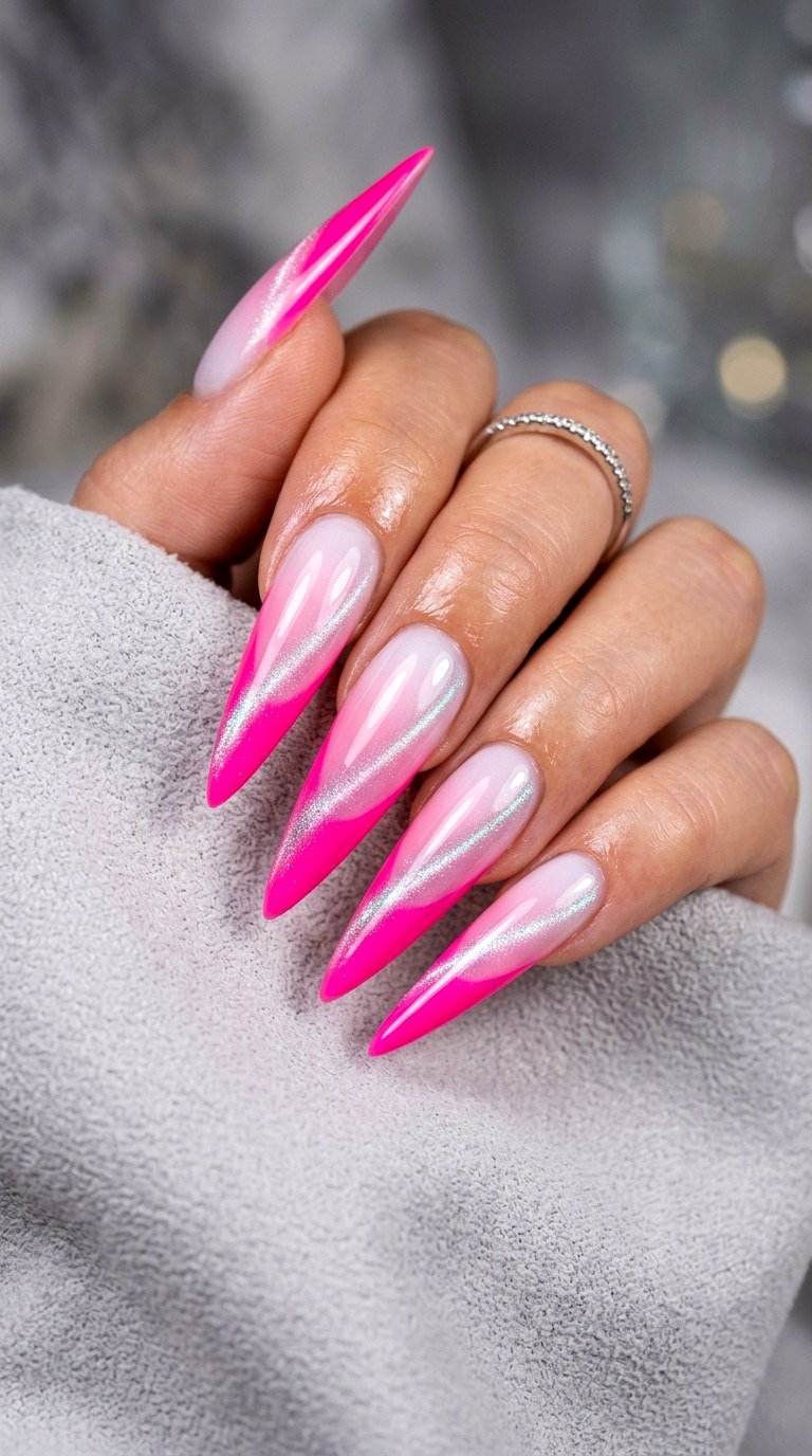 Bold Pink Tips with Cat Eye Gradient Base - 20 Spring Pink and White Gradient Cat Eye Nails Ideas