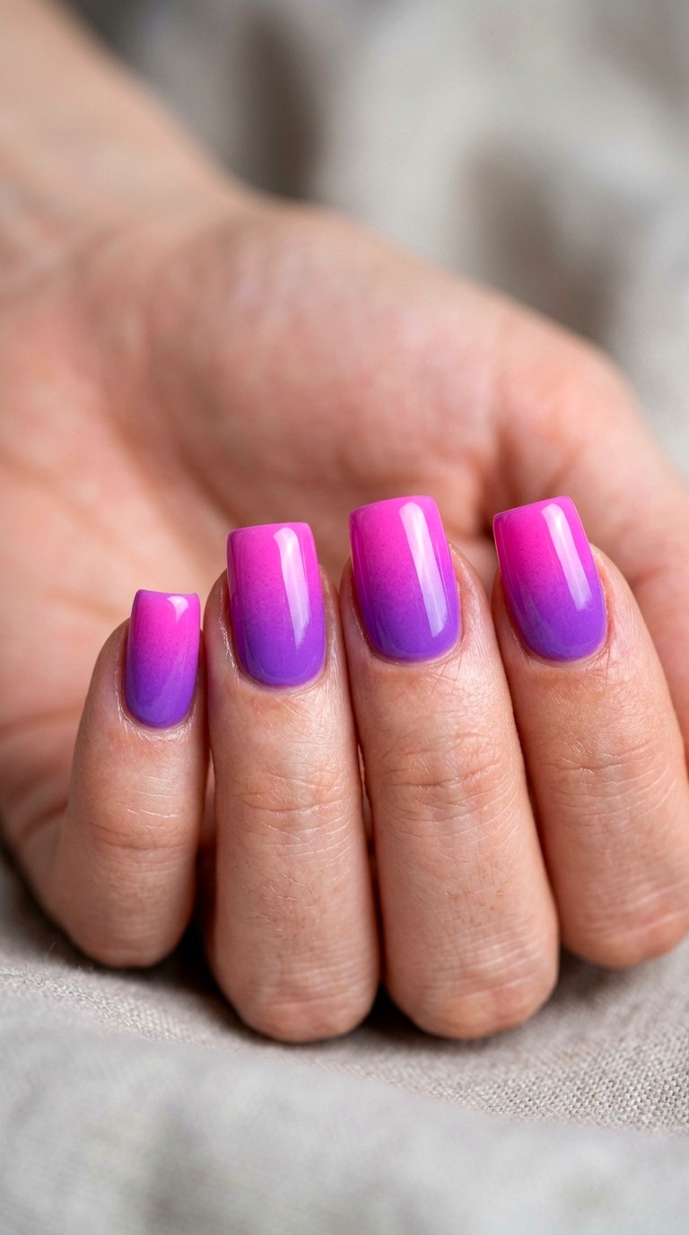 Bold Purple to Pink Gradient Short Square Tips - 22 Bright Spring Multicolor Acrylic Nails