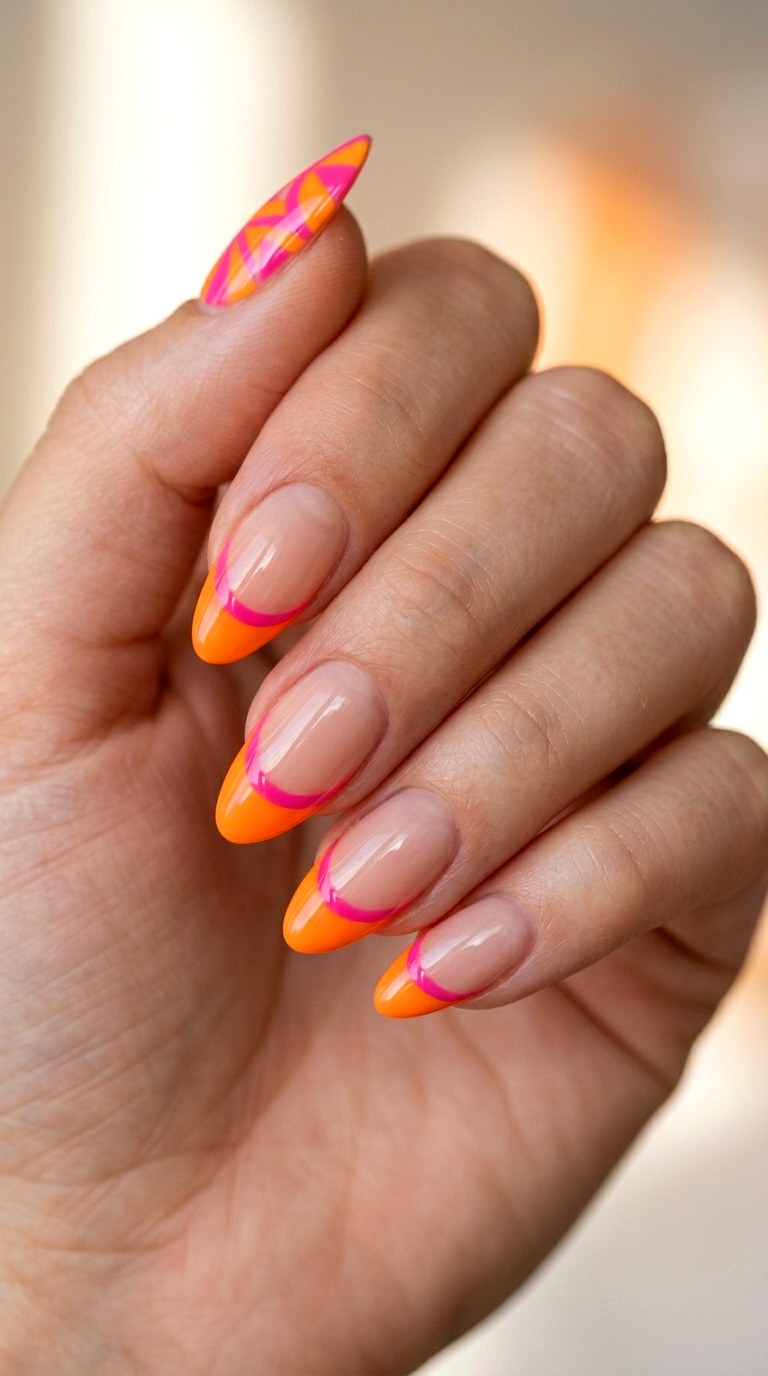 Bold Sunset Double French Almond Nails - 29 Festive Spring Multicolor Acrylic Nails