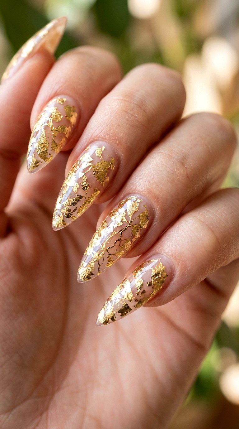 Botanical Gold Leaf Elegance - 28 Sharp Spring Stiletto Nails