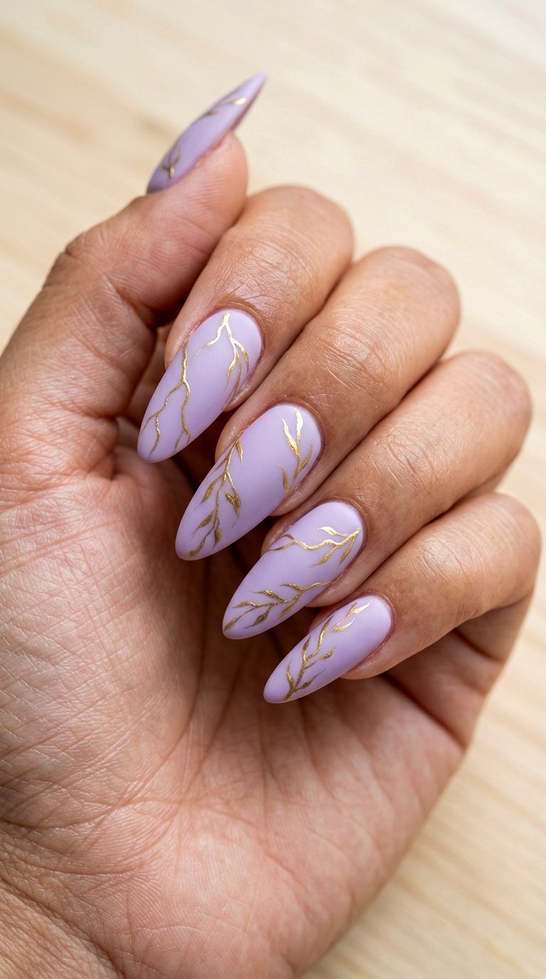 Botanical Gold Veins - 30 Professional Spring Acrylic Nails