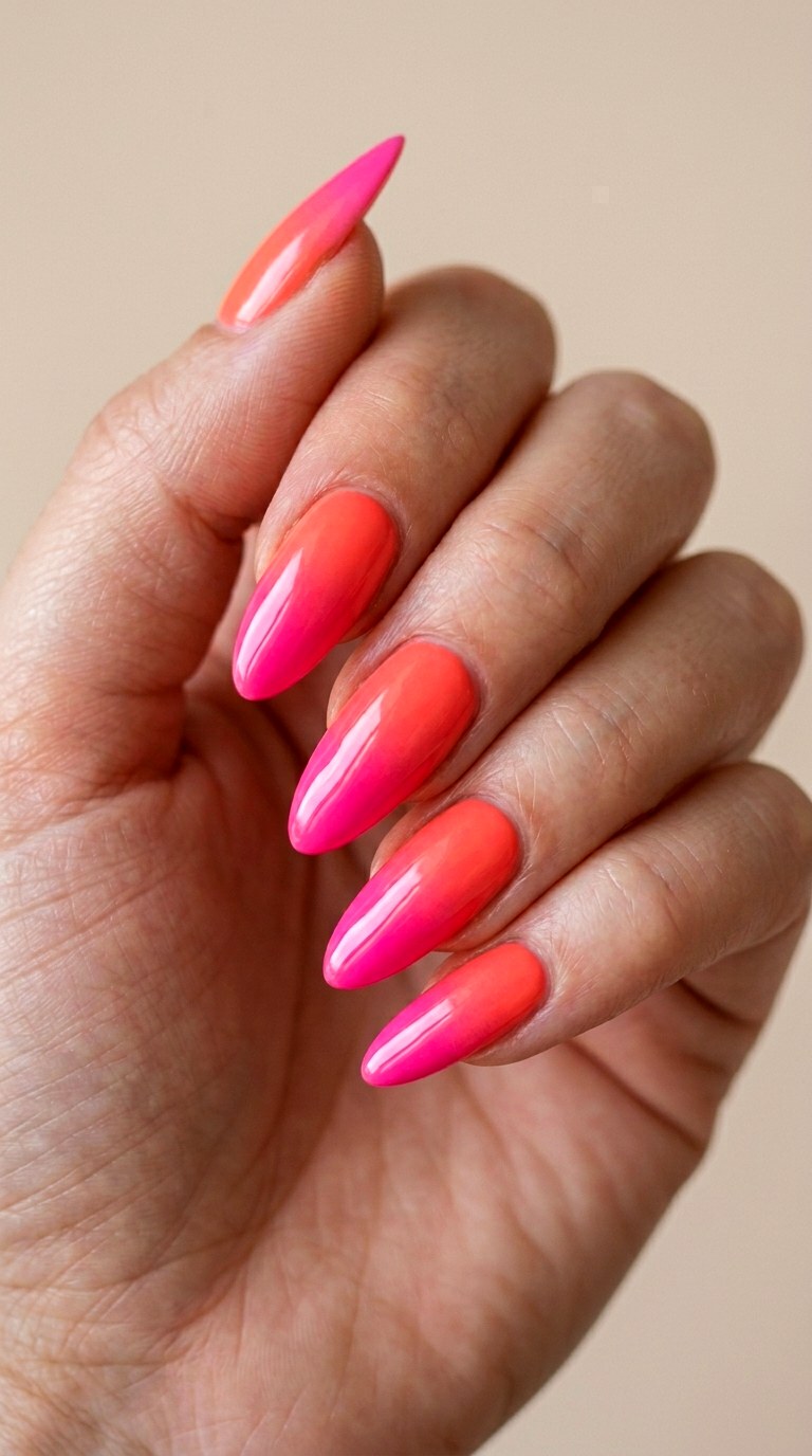 Bright Coral and Hot Pink Gradient - 24 Classy Spring Two Colored Nails