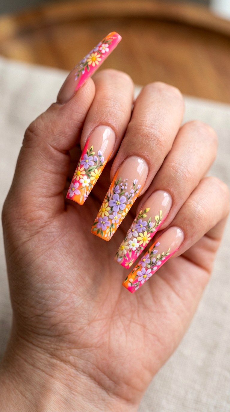 Bright Garden Floral Explosion on Long Coffin Nails - 22 Bright Spring Multicolor Acrylic Nails