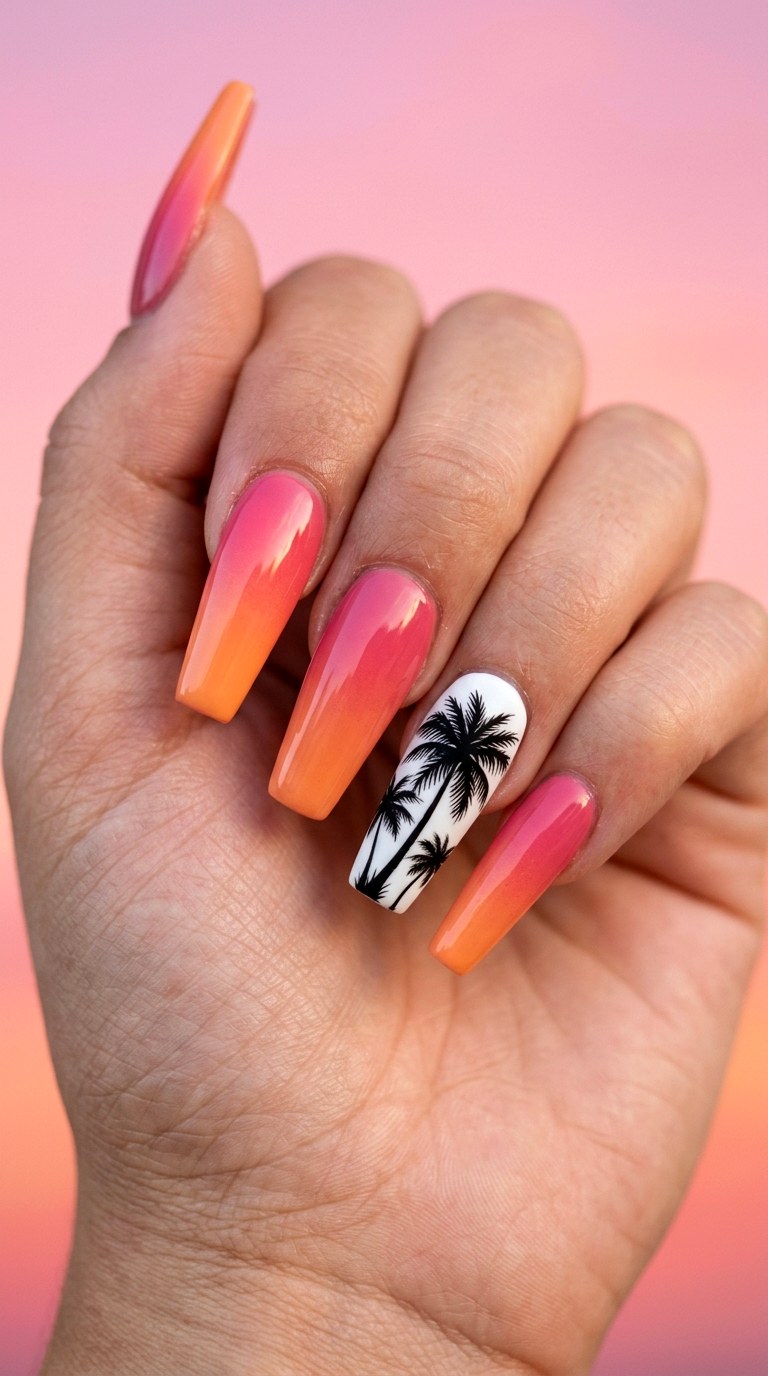 Bright Tropical Palm Tree Coffin Nails - 22 Bright Spring Multicolor Acrylic Nails