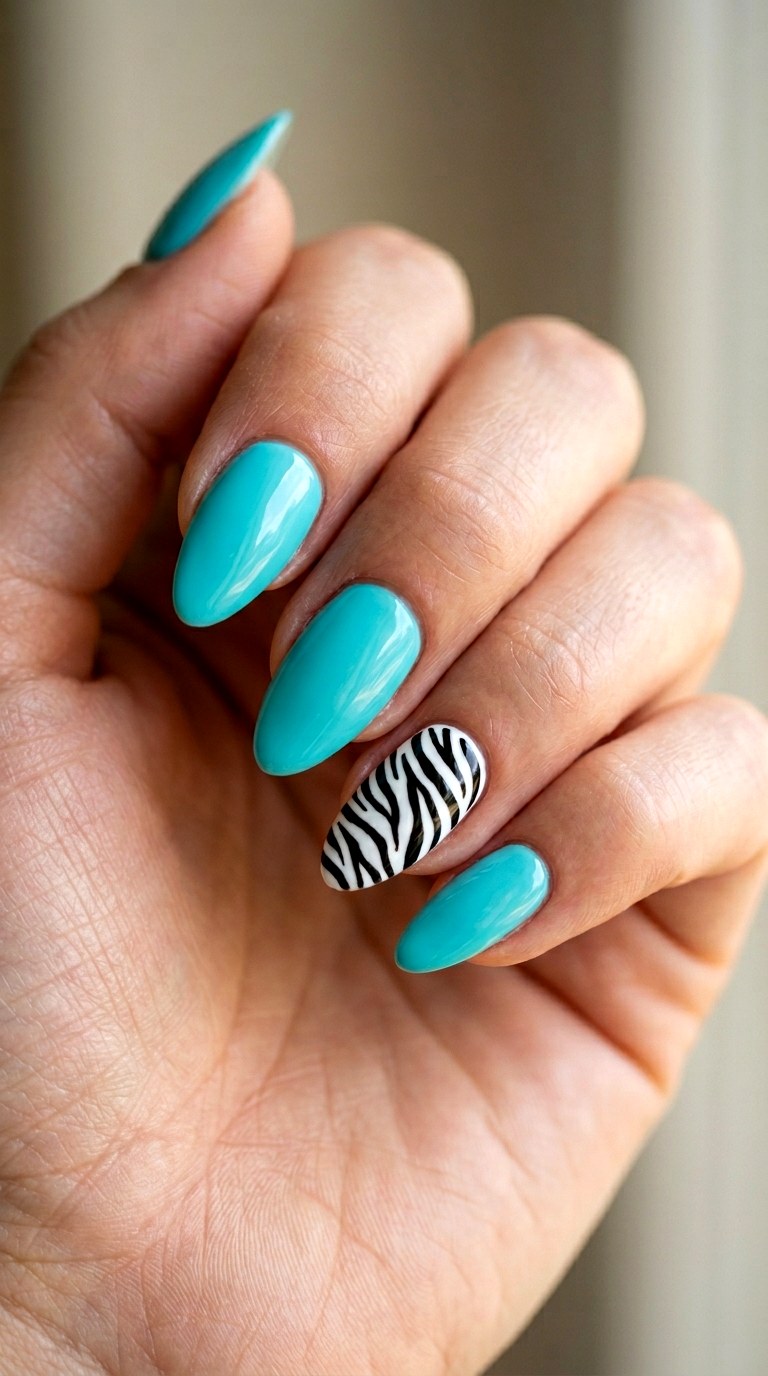 Bright Turquoise with Zebra Accent - 27 Graphic Spring Two Colored Nails