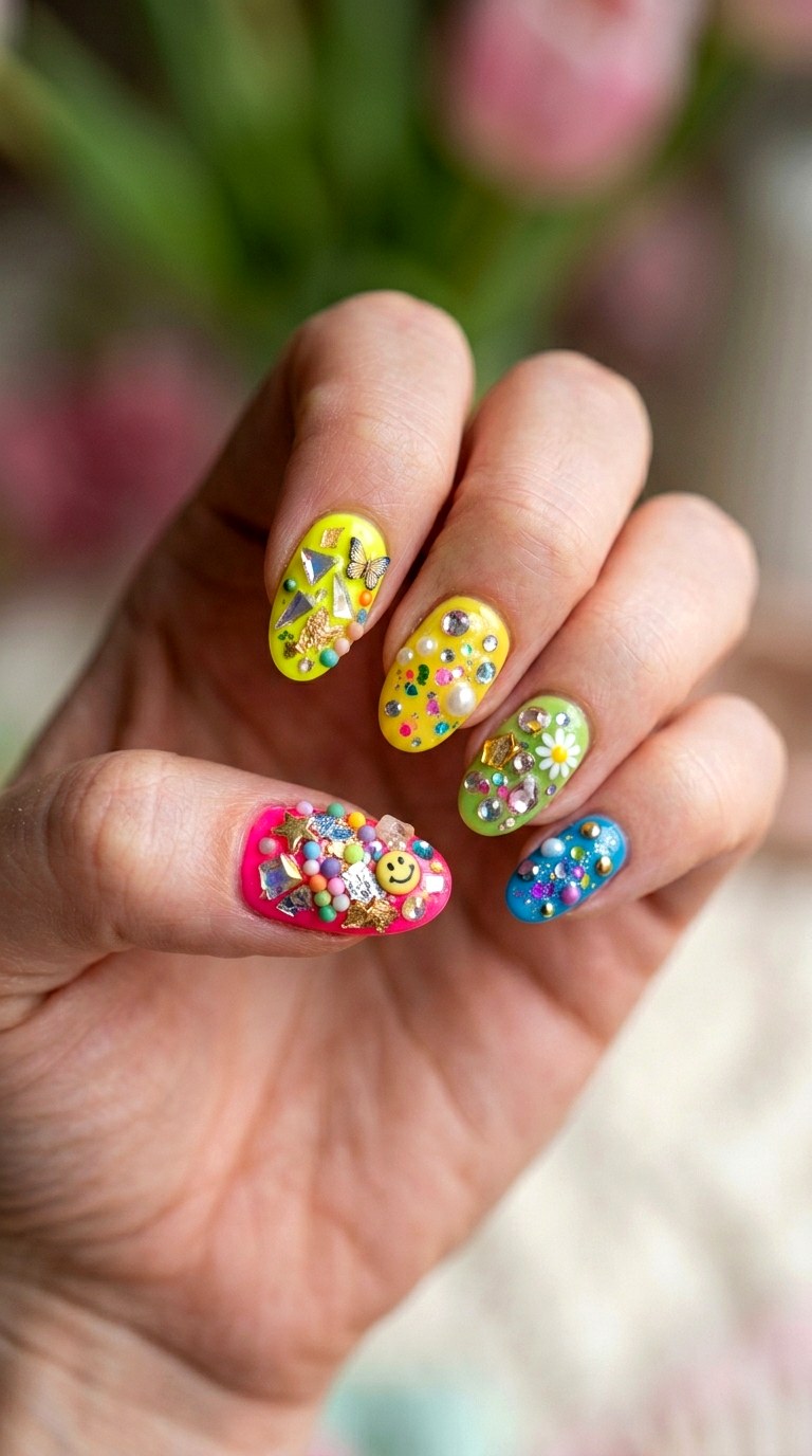 Broken Rhinestone Shard Overload - 24 Eclectic Spring Colorful Junk Nails