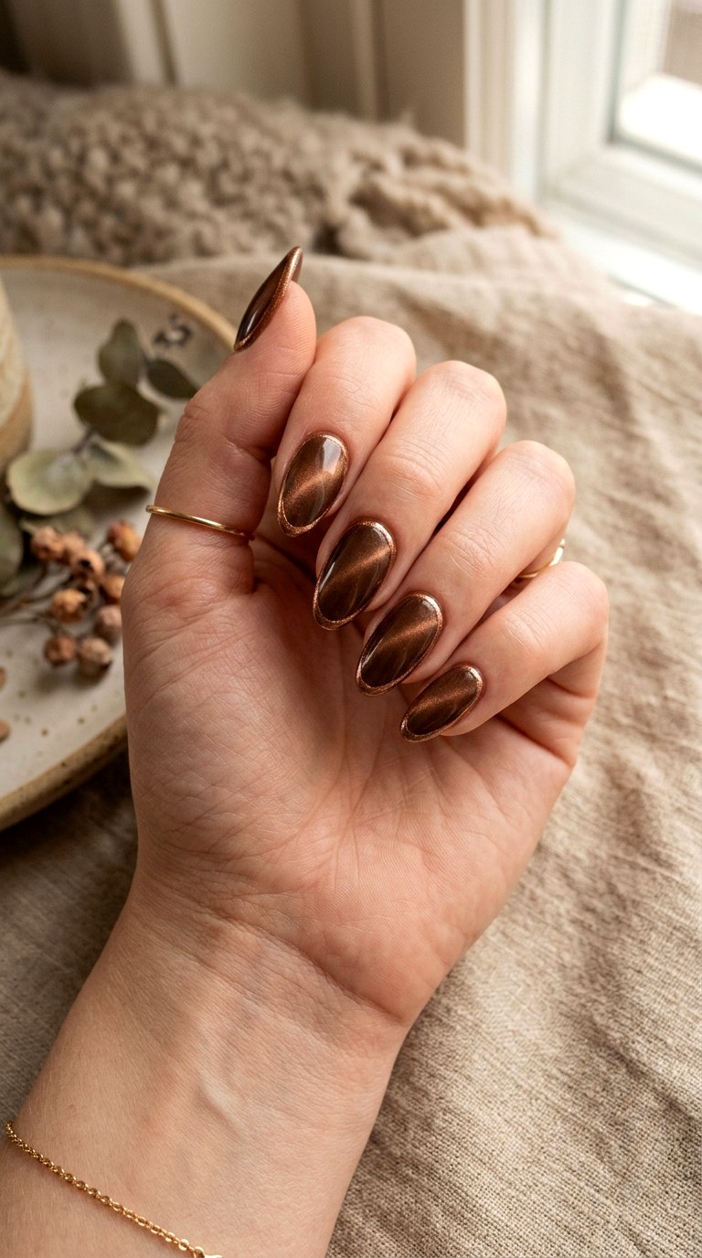 Brown Cat Eye with Bronze Chrome Outline - 22 Summer Chrome Outline Cat Eye Nails Ideas