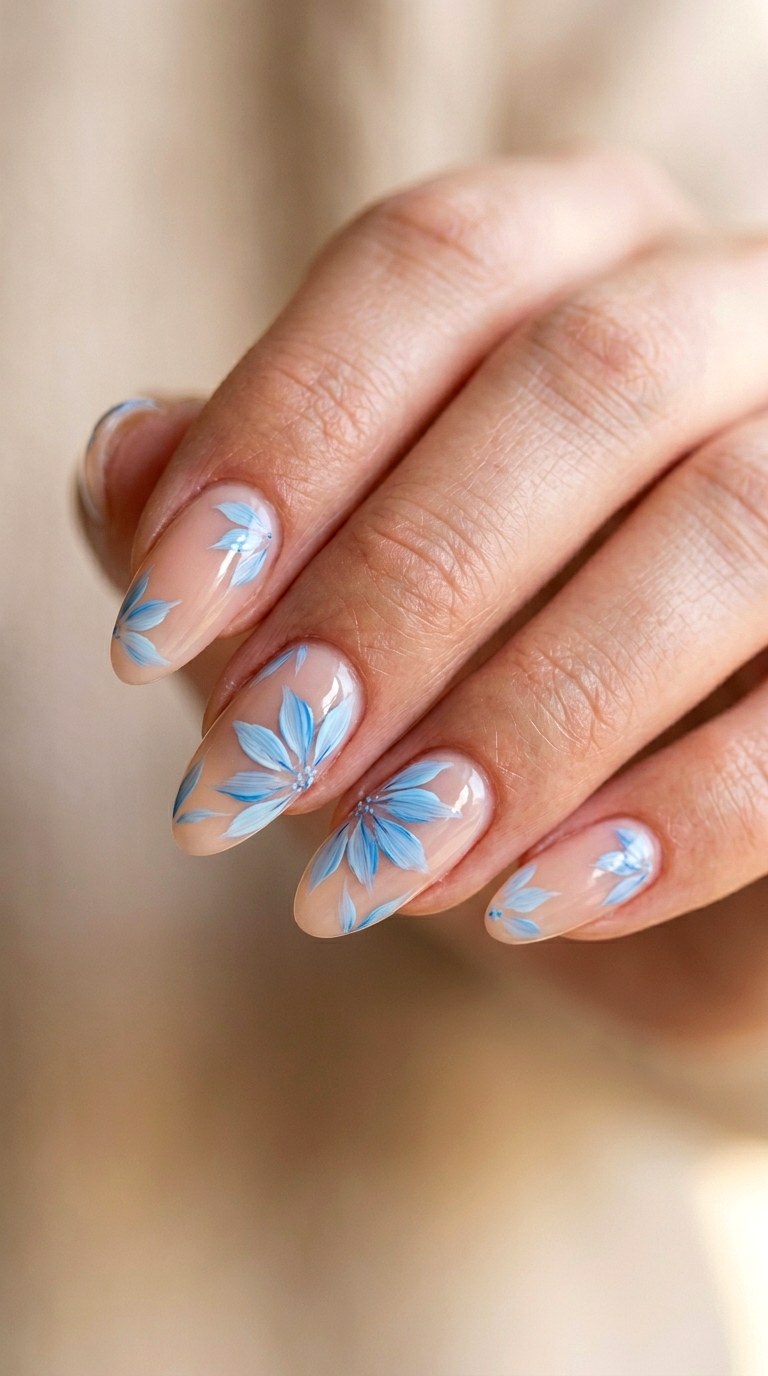 Brushstroke Flora in Sky Blue - 29 Fine-Line Spring Acrylic Nails