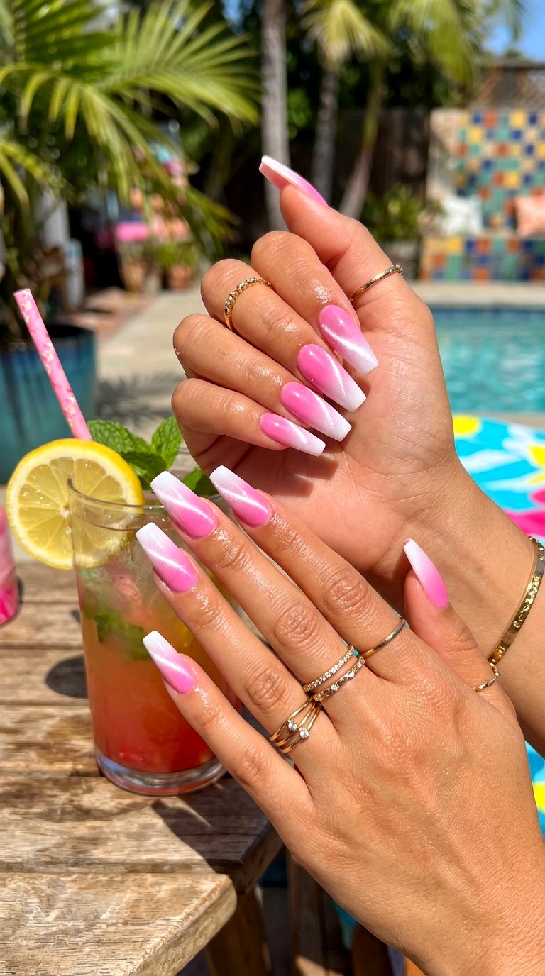 Bubblegum Pink Cat Eye Fade - 21 Summer Pink and White Gradient Cat Eye Nails Ideas