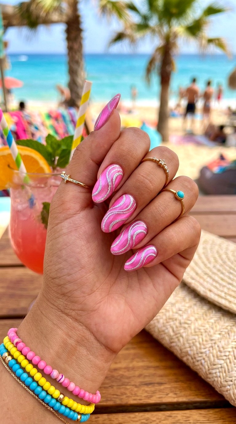 Bubblegum Pink Cat Eye with Double Curve Lines - 22 Summer Pink Cat Eye Nails with Shimmer Line Ideas
