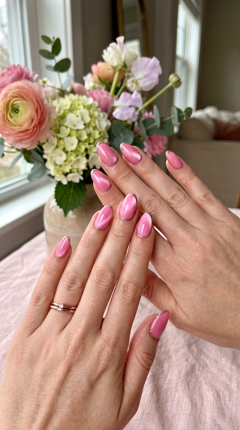 Bubblegum Pink Cat Eye with Rose Gold Shimmer - 20 Spring Pink Cat Eye Nails with Shimmer Line Ideas