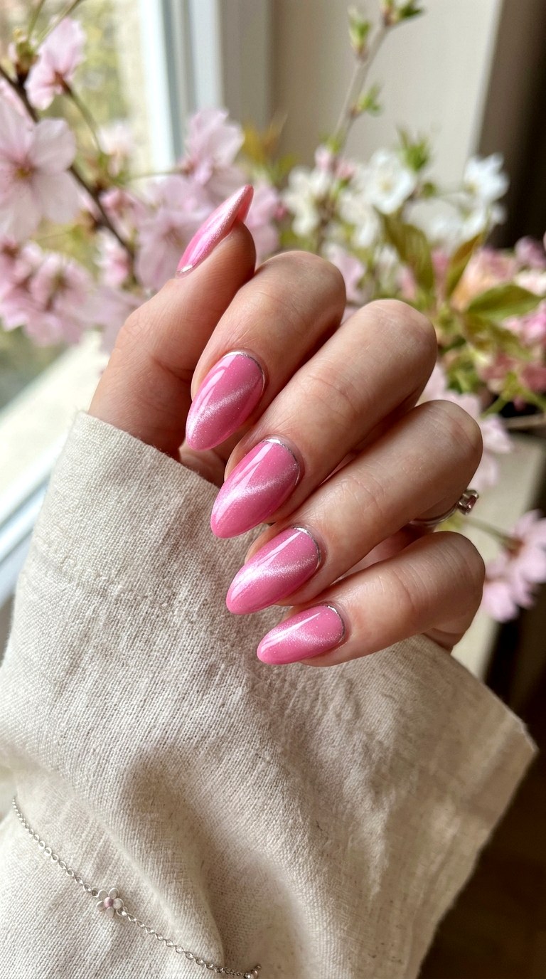 Bubblegum Pink Cat Eye with Silver Line Accent - 20 Spring Pink Cat Eye Nails with Shimmer Line Ideas