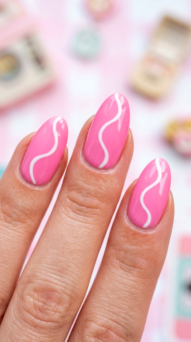 Bubblegum Pink with White Waves - 22 Minimalist Spring Two Colored Nails