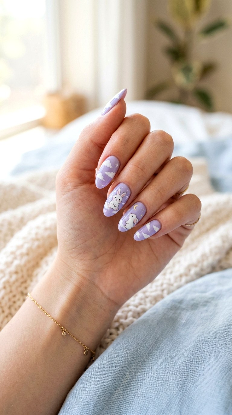 Bunny and Cloud Nail Art - 26 Summer Pastel Bunny Cartoon Nail Ideas
