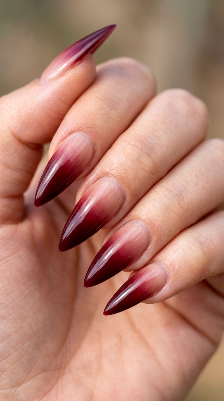 Burgundy Ombre Fade - 28 Sharp Spring Stiletto Nails