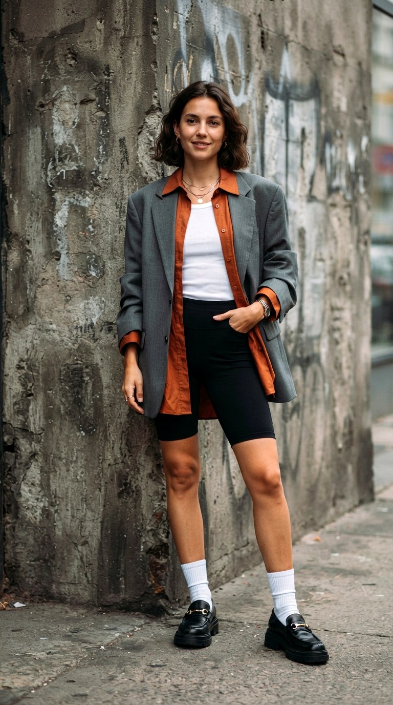 Burnt Orange Shirt With Boyfriend Blazer and Cycling Shorts - 29 burnt orange shirt outfit